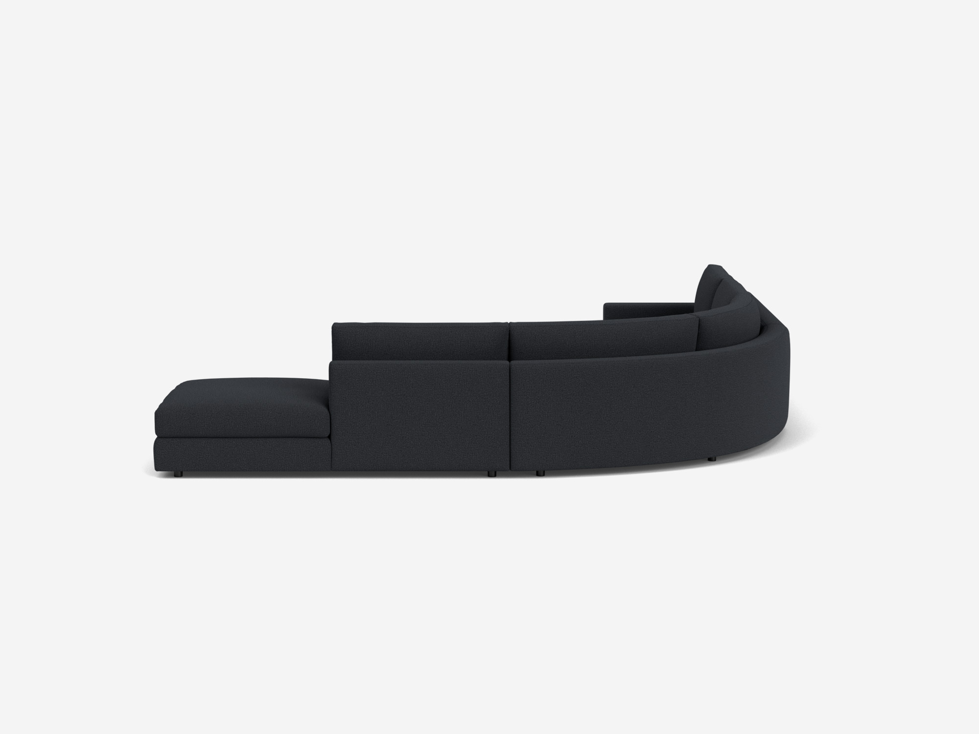 Left hand facing black curved sectional sofa back view